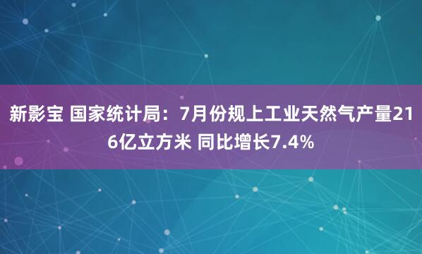 新影宝 国家统计局：7月份规上工业天然气产量216亿立方米 同比增长7.4%